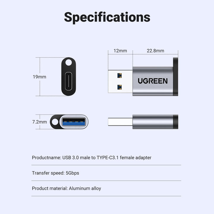 UGREEN USB C naar USB 3.0 Adapter voor Macbook, Chromebook Nexus 5X, Galaxy Note8, Laptop, Tablet, USB Lader, Aluminium Behuizing. (Grijs)