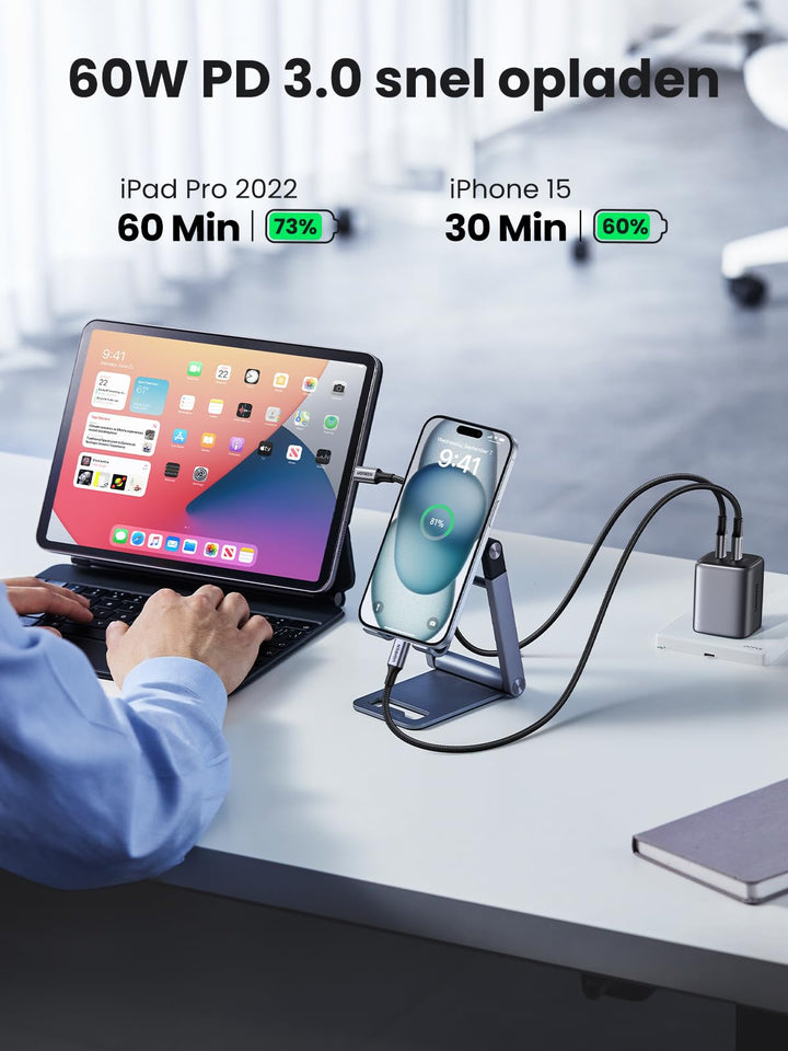 UGREEN USB C naar USB C Kabel 2 Stuk 60W PD 3.0 PPS USB C Oplaadkabel 2 Pak compatibel met iPhone 15 Pro Max Galaxy