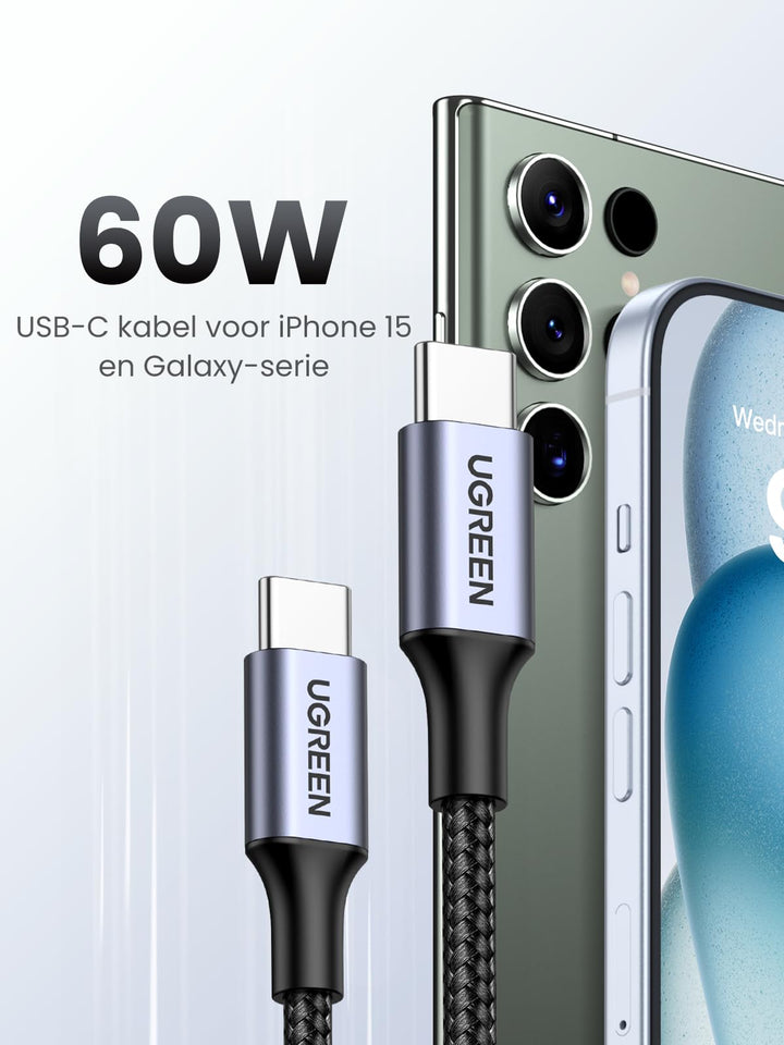 UGREEN USB C naar USB C Kabel 2 Stuk 60W PD 3.0 PPS USB C Oplaadkabel 2 Pak compatibel met iPhone 15 Pro Max Galaxy