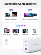 UGREEN USB C oplader 65W USB C Charger 3-poorts PD lader 60 W Compatibel met Steam Deck, MacBook Pro/Air, iPad Pro/Air, iPhone 15 Pro Max/ 15/14/14 Pro/14 Pro Max, Galaxy S23 Ultra/S23+/S23 (Wit)