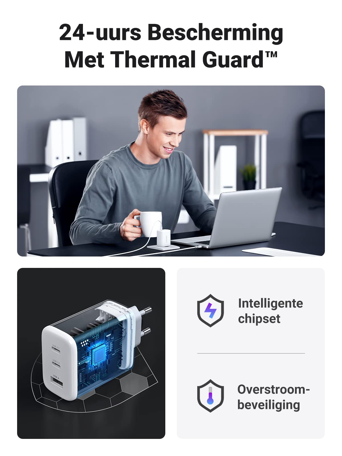 UGREEN USB C oplader 65W USB C Charger 3-poorts PD lader 60 W Compatibel met Steam Deck, MacBook Pro/Air, iPad Pro/Air, iPhone 15 Pro Max/ 15/14/14 Pro/14 Pro Max, Galaxy S23 Ultra/S23+/S23 (Wit)