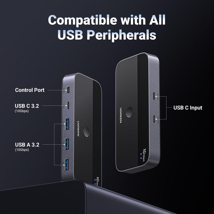 UGREEN USB Switch 2PC 10Gbps USB 3.2 Switcher 2 in 4 Out USB C Schakelaar met desktopcontroller USB Switch aluminium behuizing met 2USB C naar C kabels voor toetsenbord, muis, printer, USB stick enz.