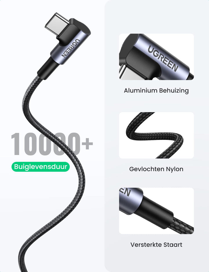 UGREEN USB Type C Kabel 90 Graden Ondersteunt Quick Charge 4.0/3.0/2.0 Snel Opladen Nylon Kabel